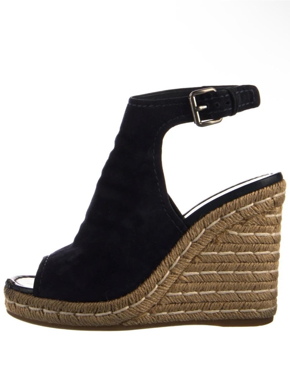 Prada Black Suede Espadrille Wedge Sandal with Ankle Buckle